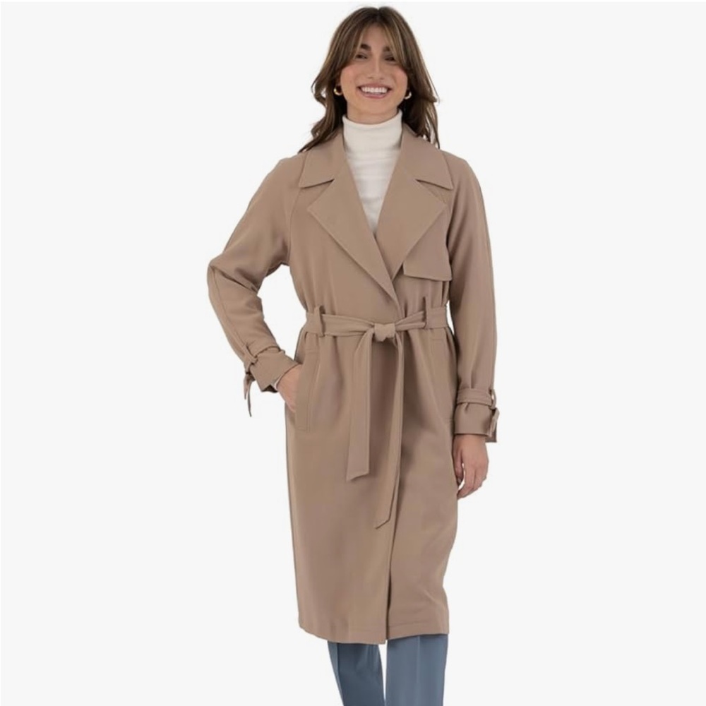Nine West long polyester crepe trench style coat with bow detail